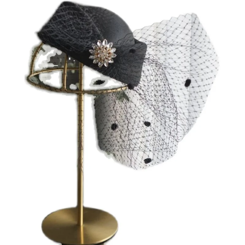 

Black Classic Mini Wedding Hat Flower Rhinestone Fedora Stewardess Cap Dotted Face Veil Fascinators Hair Clip Party Headdress