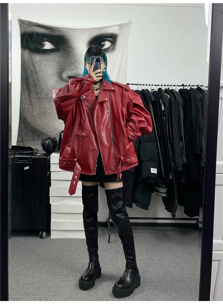 Lautaro Spring Autumn Oversized Red Shiny Crocodile Pattern Leather Biker Jacket Women Long Sleeve Zipper Belt Cool Fashion 2022