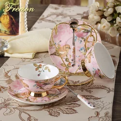 Pastoral Bird Bone China Tea Cup Saucer Spoon Set Europe Porcelain Coffee Cup 200ml Mug Tray Cafe Tumbler Party Drinkware