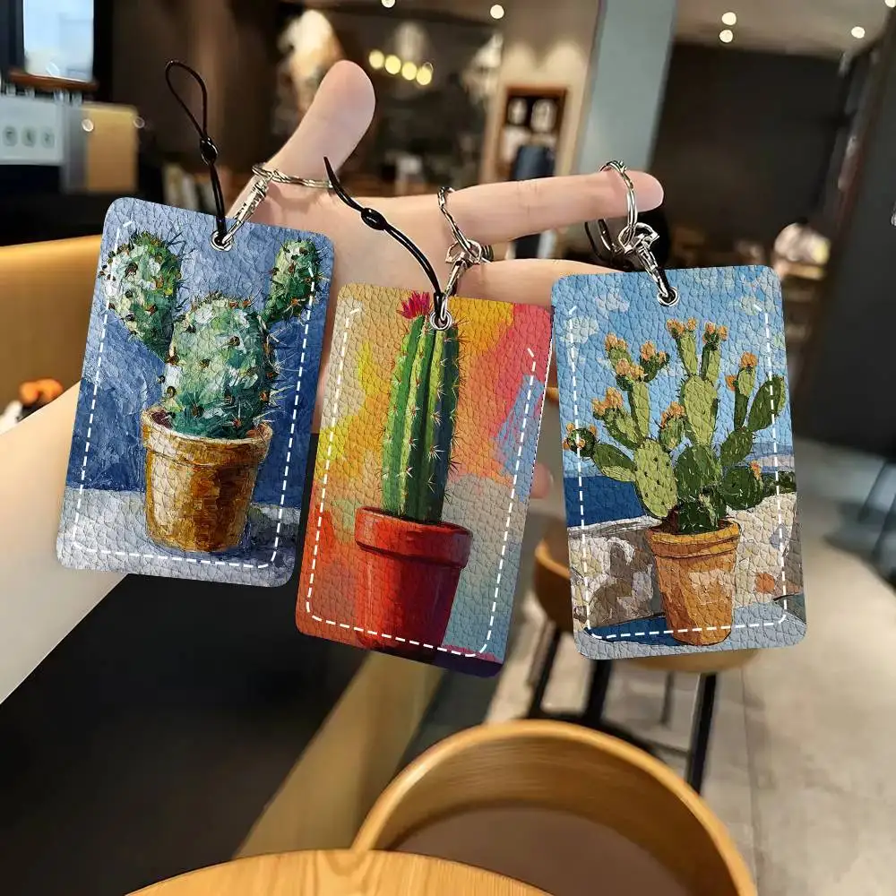 Abstract Colored Cactus Card Wallet With Keychain Fashion Print Bank Card Protective Holder