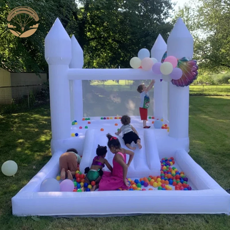 Witte Kinderen Opblaasbaar Kasteel Met Blazer Trampoline Glijbaan Bal Zwembad Bruiloftsfeest Park Evenement Verhuur Kids Speelgoed Springbed