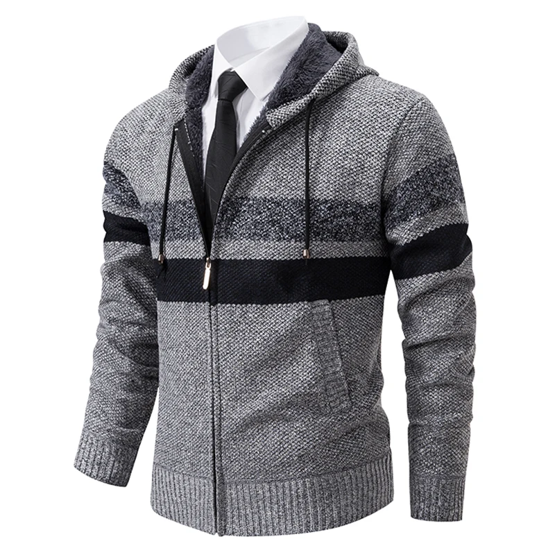 Maglione da uomo cardigan giacca in maglia con cerniera a righe in pile caldo maglioni con cappuccio cappotto da uomo casual da strada giacca da uomo maglione