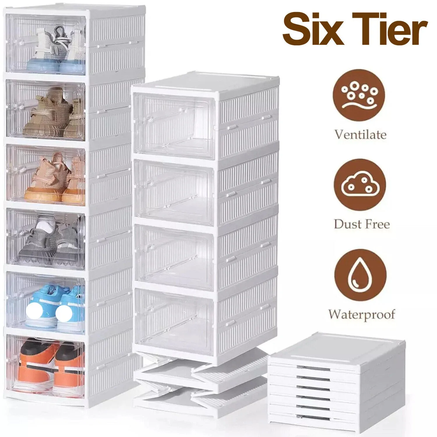 Caja de almacenamiento de zapatos de 6 capas, zapatillas deportivas plegables de plástico transparente, organizador de almacenamiento de zapatos, estante apilable a prueba de polvo