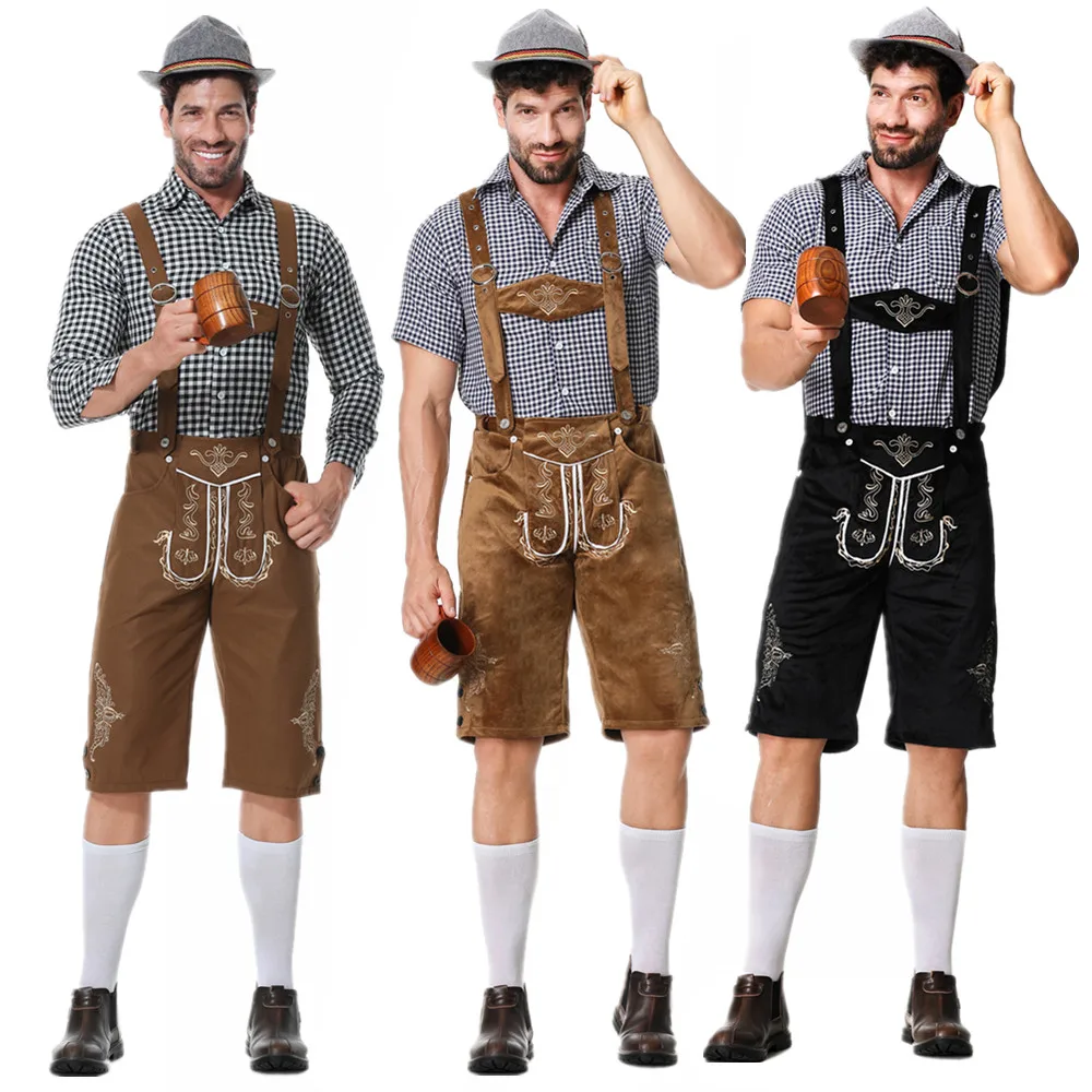 Lederhosen 남성용 옥토버 페스트 코스튬, 바바리안 독일 맥주 멜빵 반바지, 셔츠 모자 세트, 카니발 할로윈 코스프레 복장