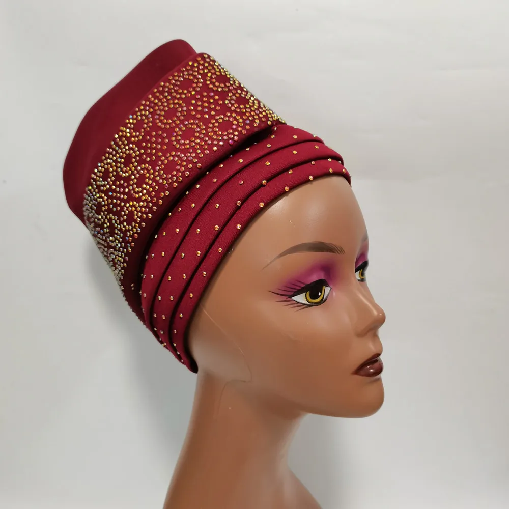 New Turban Cap Rhinestones On Top Turban Cap With Stones Women Cap African Hats Nigerian Turban Gele Best Selling Auto Gele