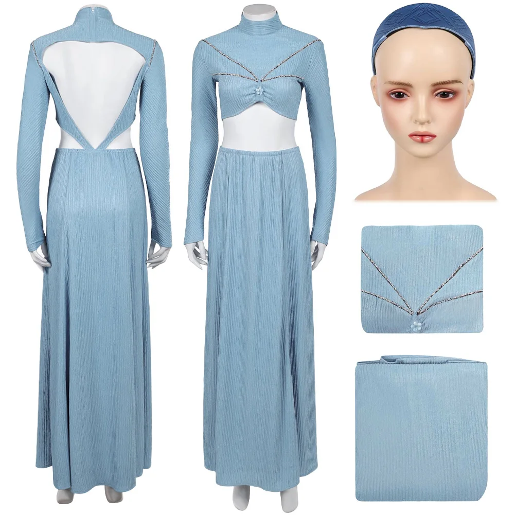 

Padme Cos Amidala Cosplay Blue Dress Headwear Outfits Movie Space Battle Roleplay Skirt Costume Halloween Carnival Party Suits