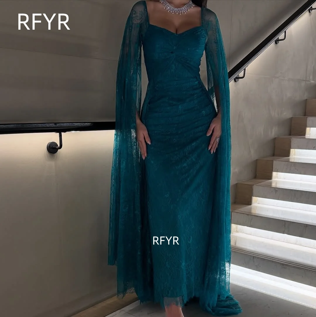 RFYR Teal Vestido de baile Vestido de noite com manga de capa e vestido de festa de renda para mulheres árabes فسات 