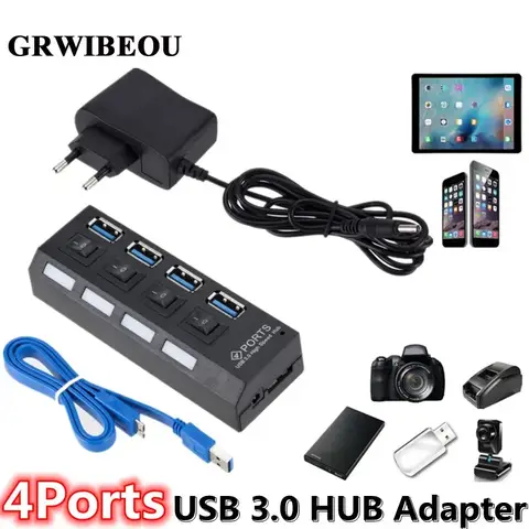 GRWIBEOU 고속 USB 허브 3.0 5Gbps USB 3.0 4 포트 허브 전원 공급 장치가있는 최신 소형 경량 휴대용 어댑터 허브