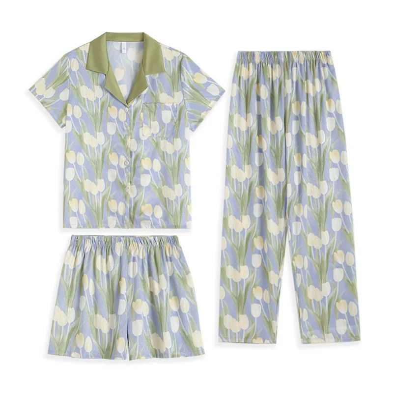 

Комплект пижамный женский из 3 предметов, одежда для сна с цветочным принтом, шорты с коротким рукавом, брюки, Свободный Повседневный атласный домашний костюм, весна-лето