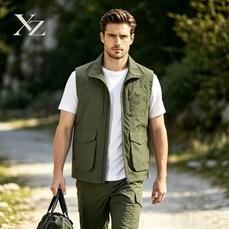 Durable Men's Zip Up Utility Vest Multi Pockets Lightweight Outdoor Hiking Fishing Casual Gilet Four Seasons Wear