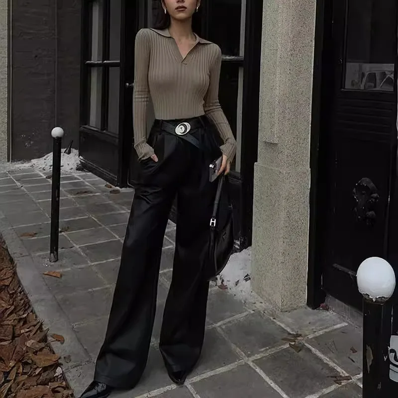 Sweter z dzianiny o dopasowanym kroju, z kołnierzykiem polo w stylu francuskim, 14 igieł, gęsty, nierozciągliwy, prążkowany, model 7375.