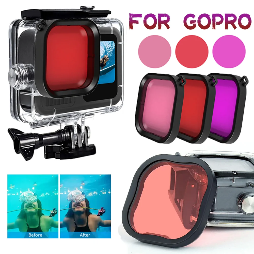 

1/4pcs Pink Red Color Filters Kit for GoPro 13 12 11 10 9 for Go Pro Lens Cover&Camera Color Filter with Tether Hole for Diving