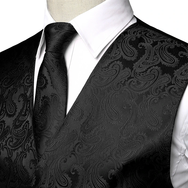 Mens Black Paisley Tuxedo Suit Vest Classic 3pc Vest and Necktie Pocket Square Formal Dress Waistcoat for Suit Gilet Homme 3XL