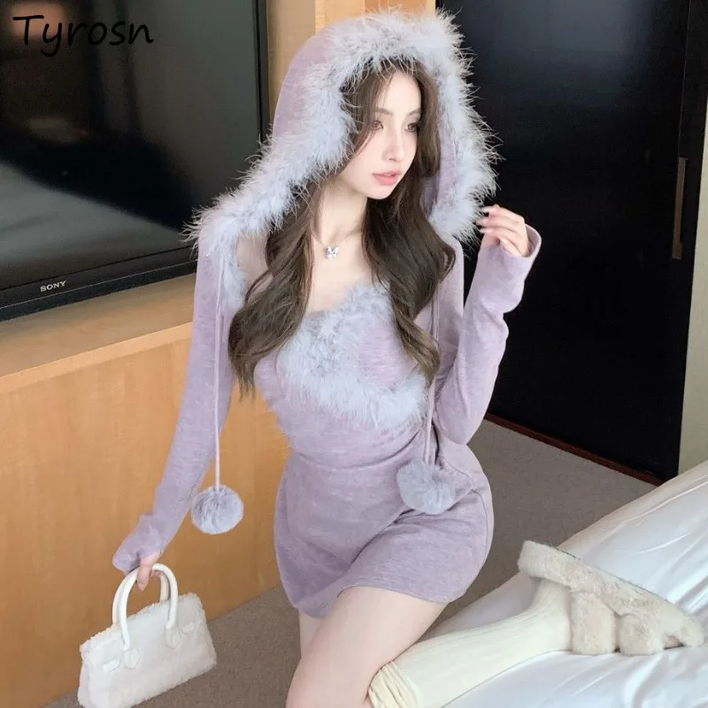 Long Sleeve Purple Mini Dresses Women Hooded Chic Highstreet Knitting Spliced Fluffy Autumn Winter Vestidos Defined Waist Mujer