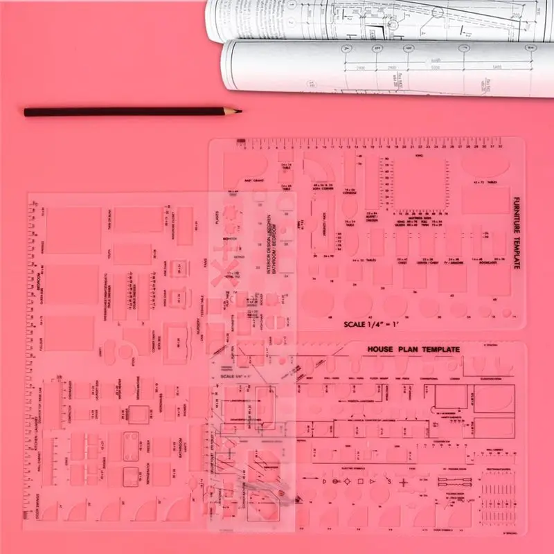 B68A Drafting Tools And Ruler Shapes For Architecture - Set Of 3 For House Plan Furniture Kitchen, Building, Interior Design