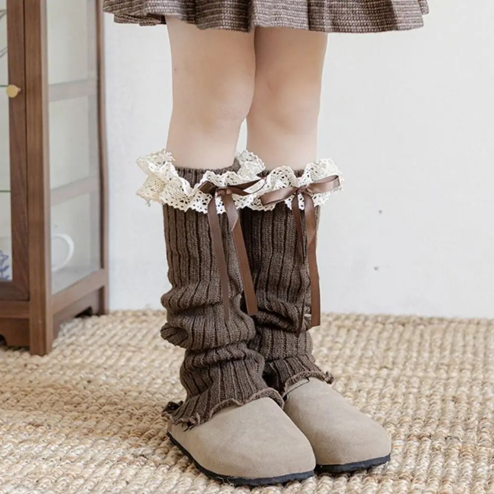 

Jk Harajuku гетры с бантом и лентой, длинные чулки, милые вязаные чехлы для ног, кавайные однотонные детские гетры для ног, женские гетры