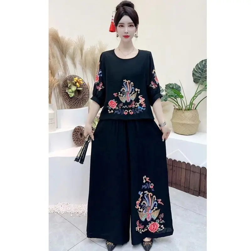 Ladies Fashion Cotton Linen Blouse 2PCS Korean Women Embroidery Two Piece Suit Summer Female Large Size Wide Leg Pants