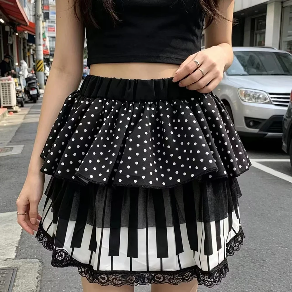 Women Y2K Gothic Punk Polka Dot Mini Skirt, Dark Aesthetic Sweet Chic Ruffle Cake Skirt Lolita