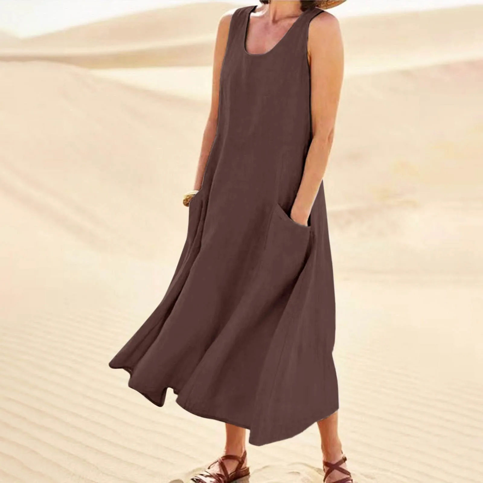 Summer Cotton Linen Women Dress No Sleeve Round Neck A- shaped Skirt Artistic Retro Style Long Dress Comfortable Casual Style