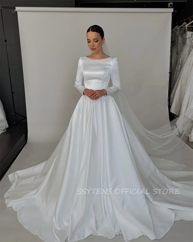 Israel New Arrivals Wedding Dresses Elegant Satin Princess Long Sleeves Bride Bridal Gowns Dress A Line Queen Vestido De Noiva