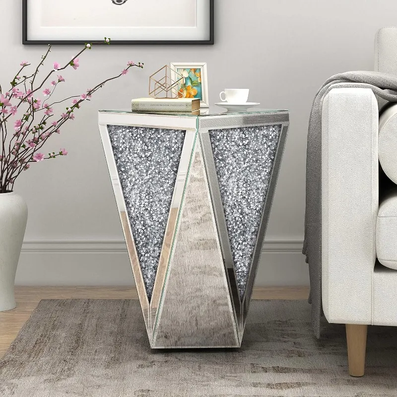 Mirrored End Table Crystal Diamond Setting Coffee Table Silver Glass Side Table Pedestal Stand for Hallway, Living Room