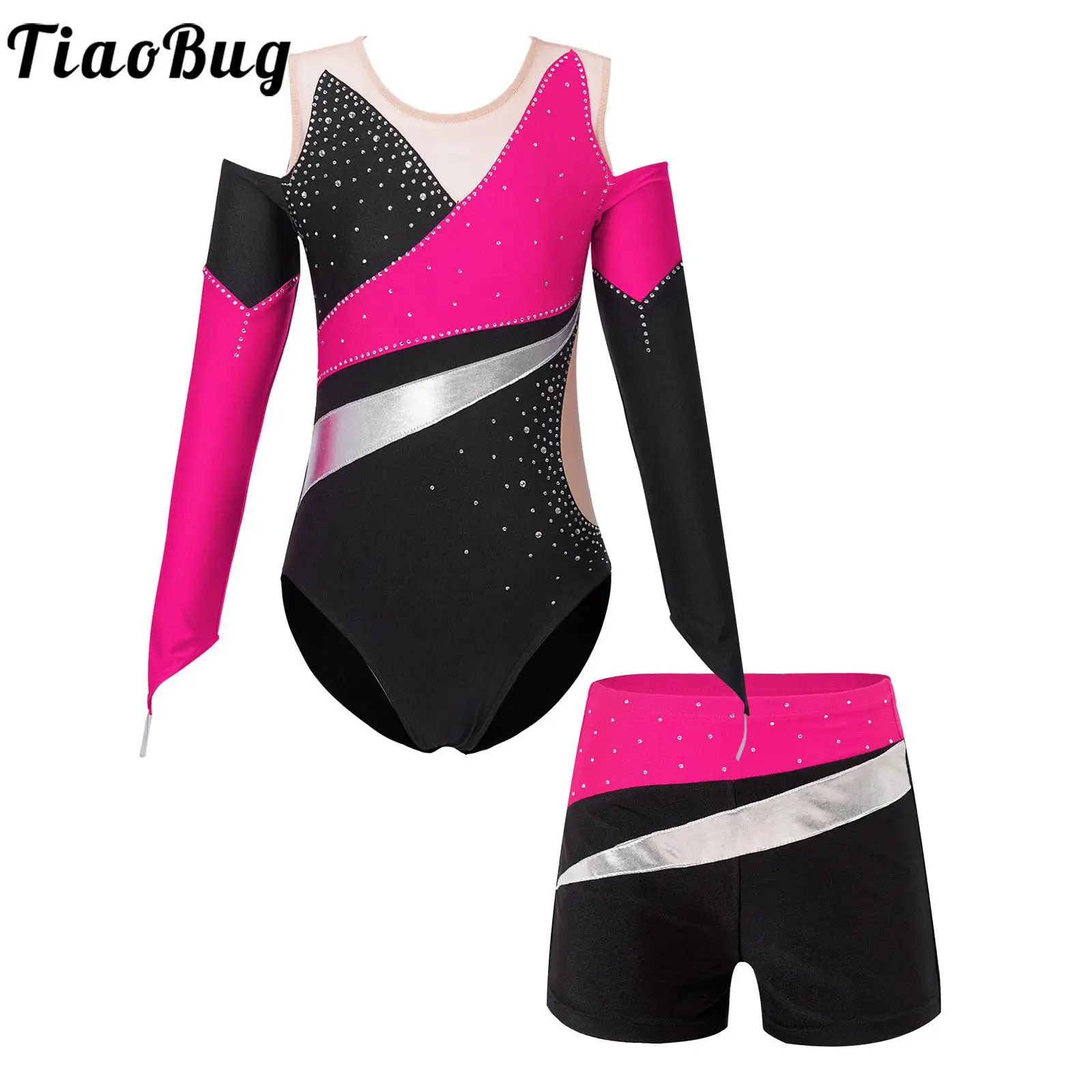 

Kids Girls Two Piece Gymnastic Suit Long Sleeve Gym Bodysuit Dance with Jogging Short Pants Ballet Leotard Clothing for Children