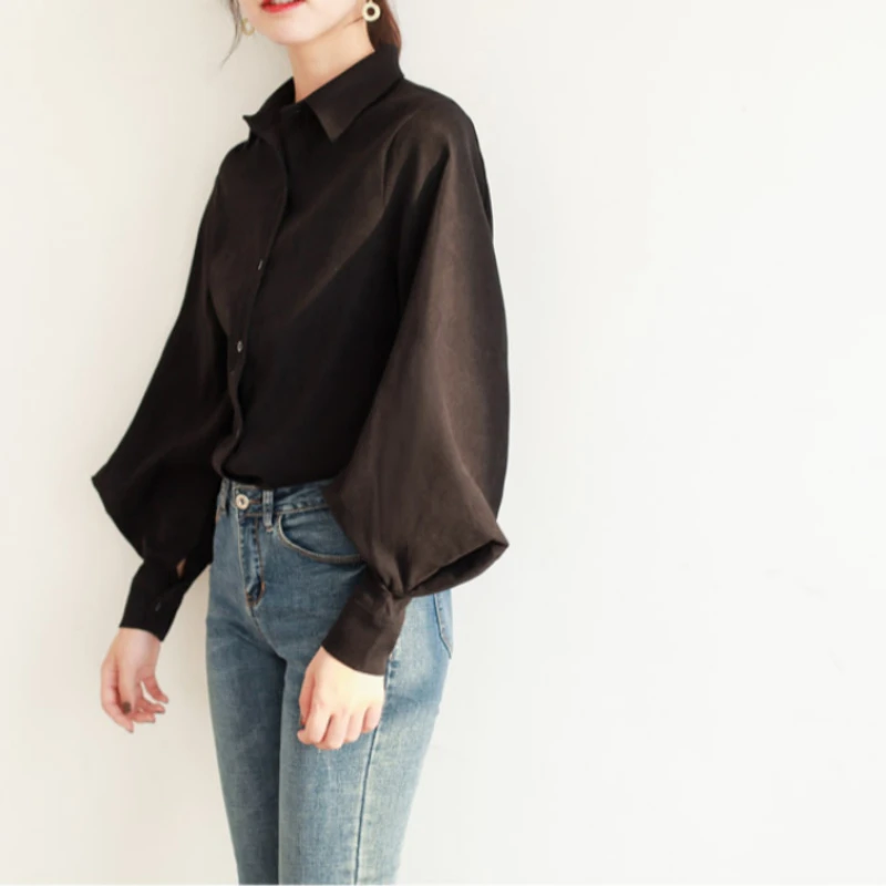 Spring Autumn Lantern Sleeve Elegant Women's White Blouse 2025 New Turn-down Collar Korean Casual Loose Shirts Female