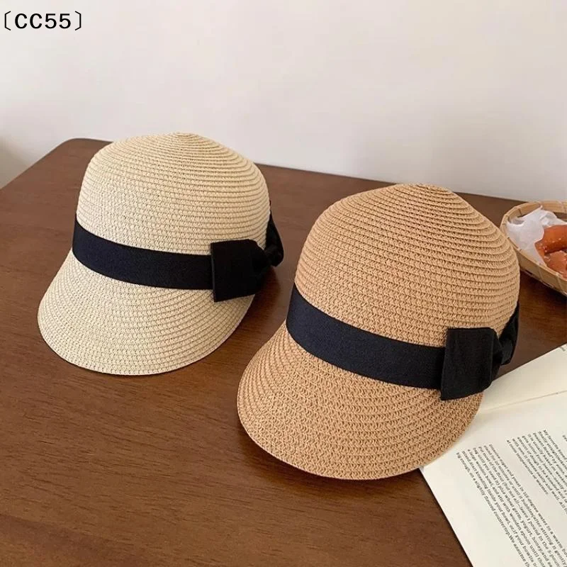 Sommer-Strohhut für Damen, Outdoor-Reisen, Strandurlaub, Vintage-Hut mit Schleife, Mädchen-Hut im französischen Stil, Sonnenhut mit flachem Oberteil〔CC55〕