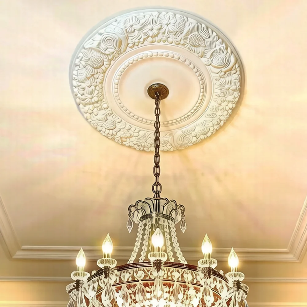 1Pc Faux Gypsum Circular PU Ceiling Decor Medallion Polyurethane Wall Ornament Decorative Moulding for  Indoor Ceiling