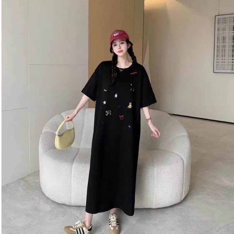 Jupe T-shirt ample mi-longue avec fentes, style coréen, décontracté, en Polyester, ort Sve, Tube droit, été Dr