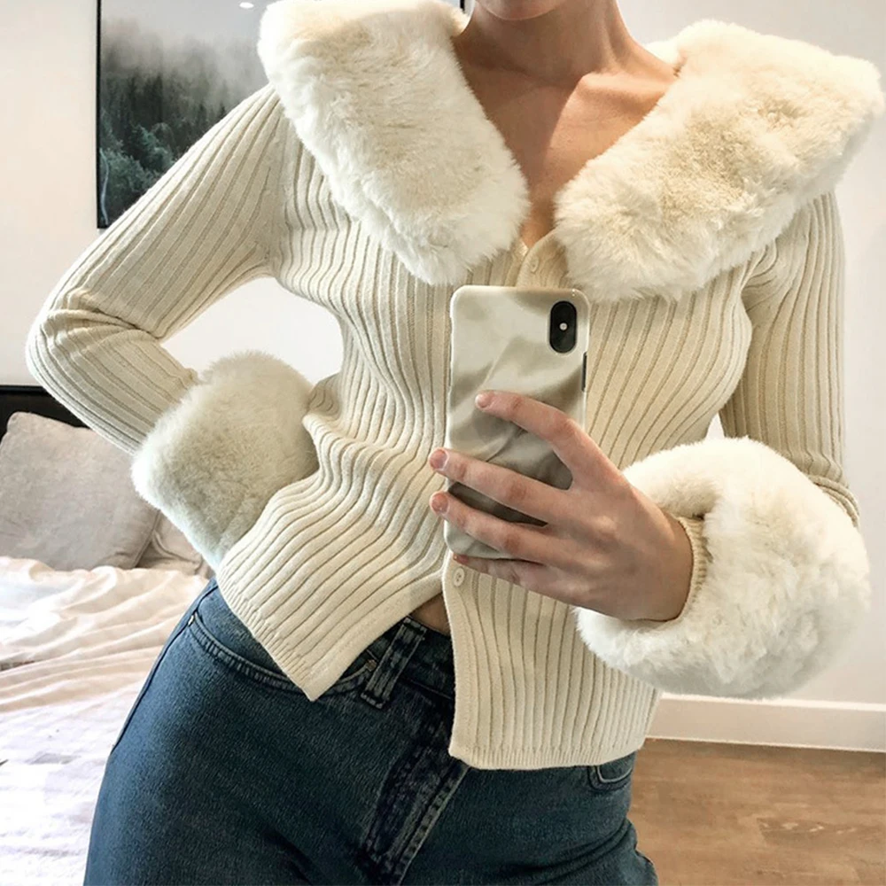 

Sexy Knitted Cardigan Top with Fluffy Collar Long Sleeve European And American Style Fashion Sweater Jacket for Women