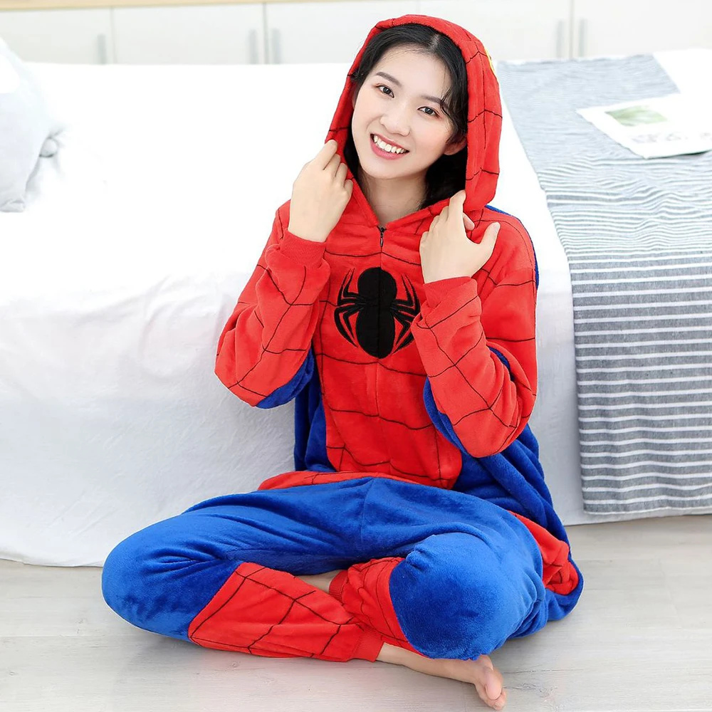 Volwassenen Kigurumi Spider Onesie Warme Dieren Pyjama Sets Nachtkleding Kids Capuchon Pyjama Dames Heren Winter Unisex Cosplay Jumpsuits