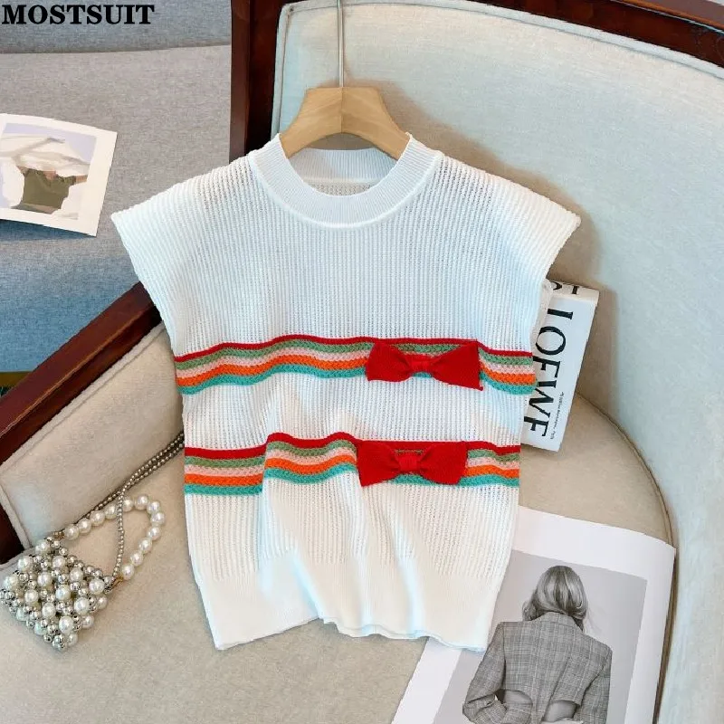 Rainbow Striped Bowtie Slim Knit Vests Women Crop Tops 2024 Summer Sleeveless O-neck Padded Pullover Stylish Fashion Chic Vests