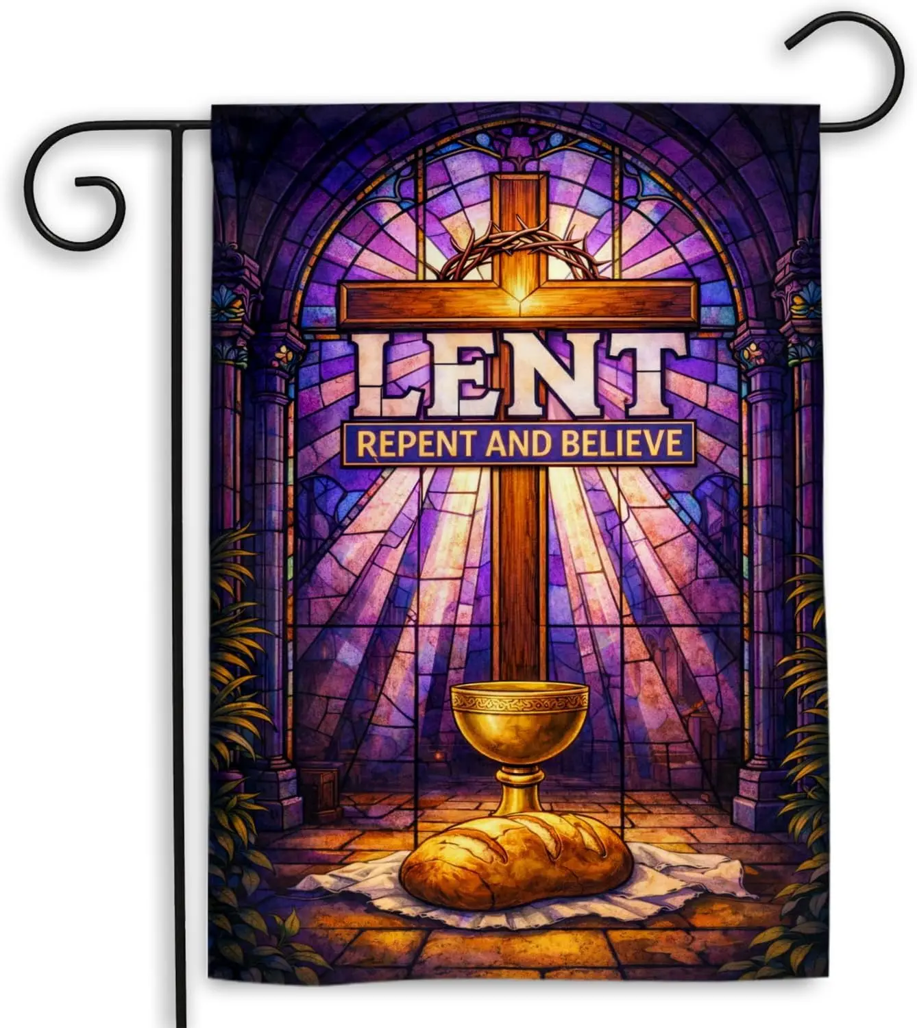 MAIAMEY Lent Garden Flag 12x18 Inch, Christian Cross Yard Flag for Spring Season of Reflection, Purple Floral Religious Outd GGO