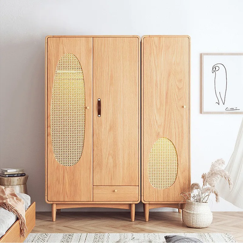 

Nordic solid wood combination wardrobe household bedroom rattan hanging clothes storage cabinet small apartment modern