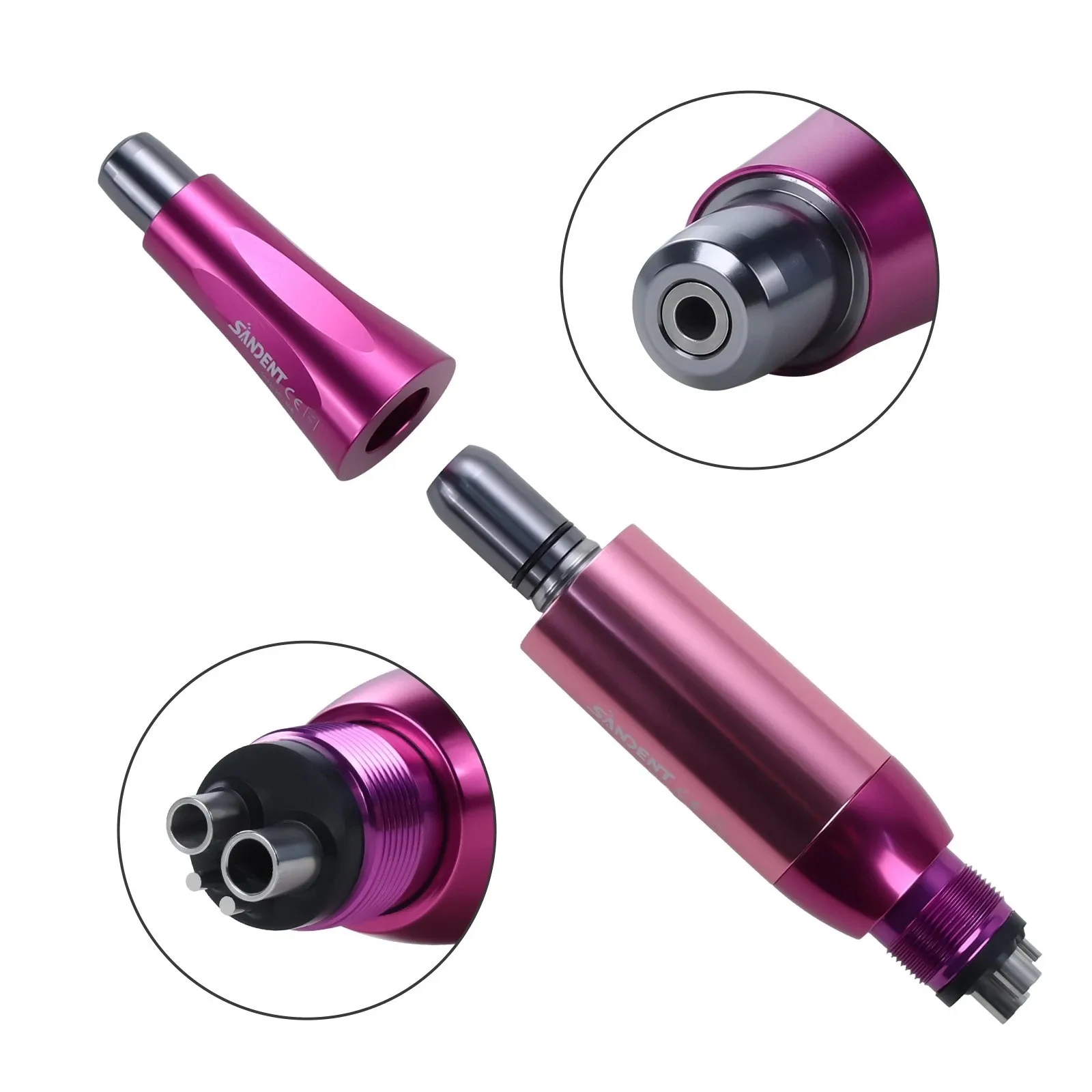 

360 ° Поворотный стоматологический наконечник для гигиены полости рта, пневматический мотор, 4 отверстия, с конусом 4:1, розовый цвет