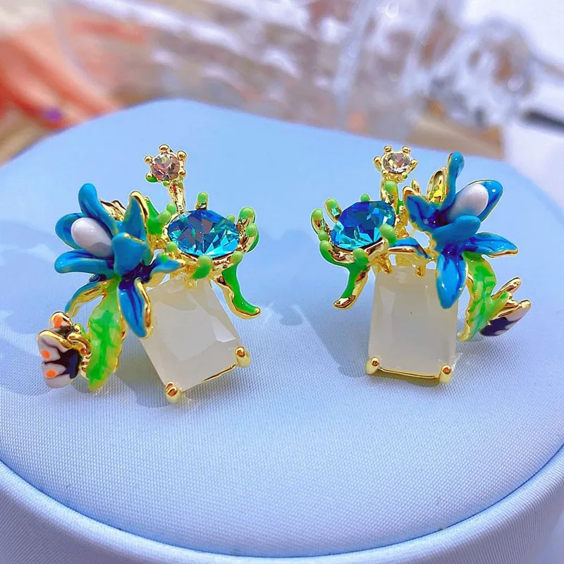 

Luxury Retro Enamel Flower Earrings Micro-Inlaid Zircon Titanium Steel European American Fashion Personality New