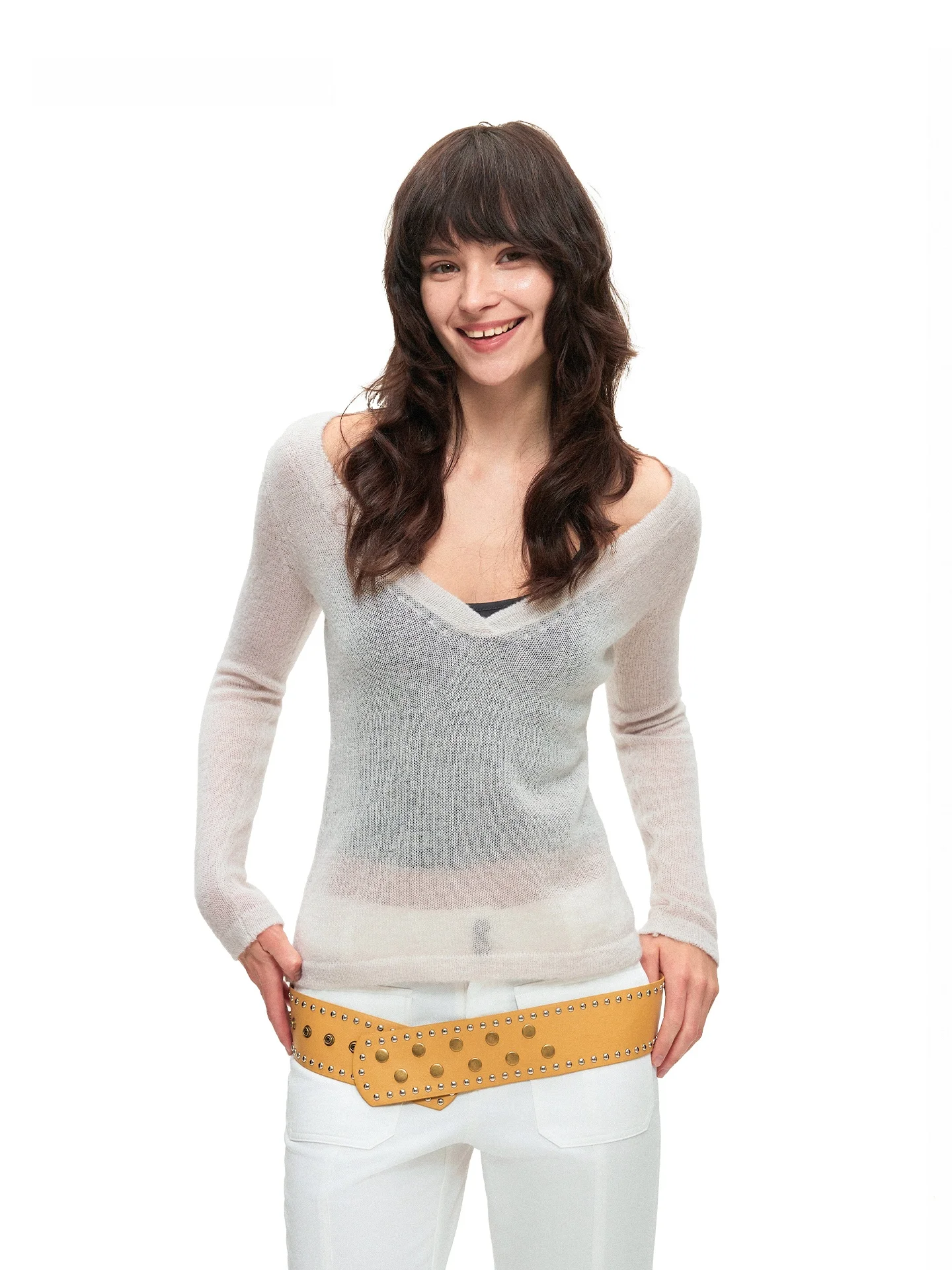 

LIALIA Two-Way Wear V-Ne Mis Thin Wool Blend Knitwear Spring Summer Long Sve Soft Comfortable Women's Premium Design