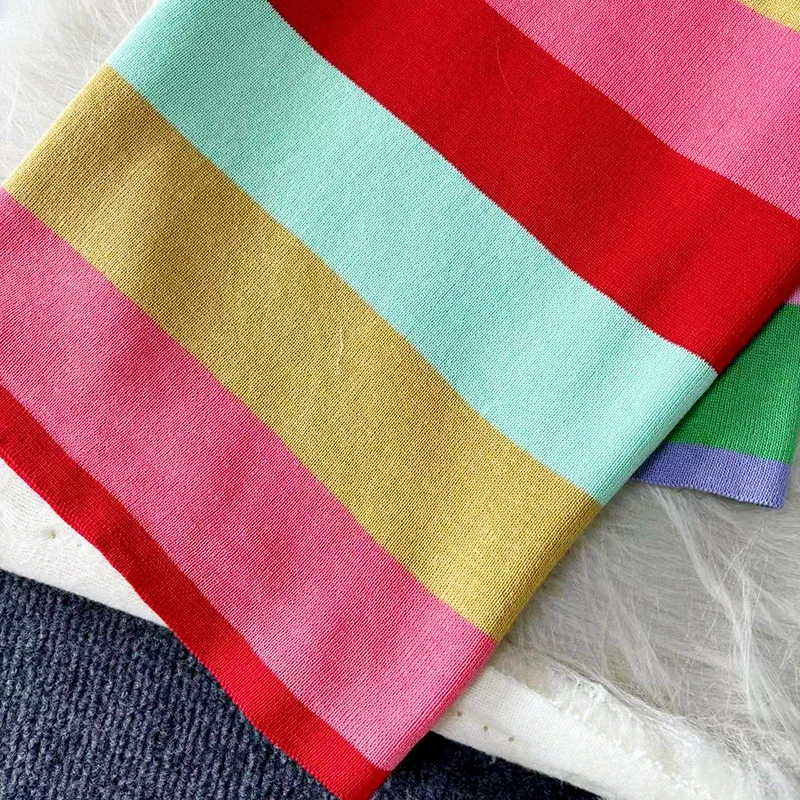 Arc-en-ciel Chic mode Sexy Wrap hanches robe mi-longue femmes Y2K bande tricoté moulante robe d'été Streetwear dames tenues robe d'été