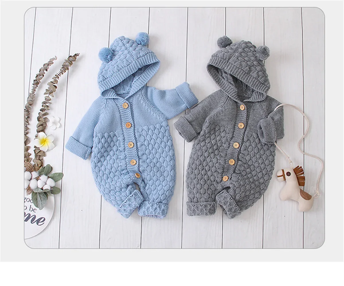 Baby Girls Bear Ear Knit Romper Boys Hooded Newborn Sweater Kids Jumpsuit  Babys Outfit Autumn Winter