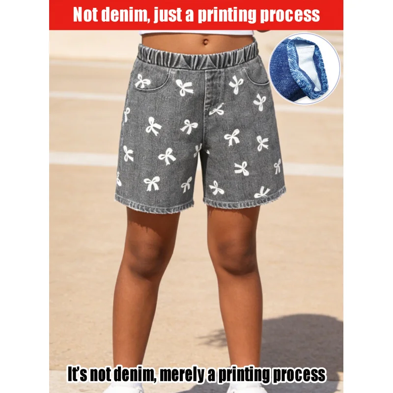 2026Children's Gray Imitation Denim White Bow Full Print Shorts