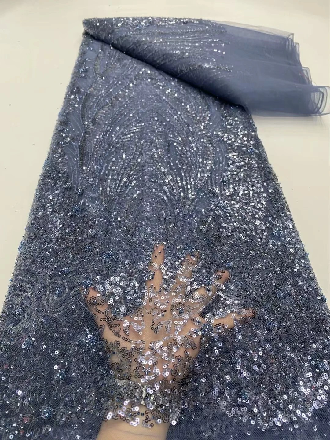 

2025 Nigerian High-Quality Tulle Lace Fabric with Sequins Embroidery for African Sewing Guipure Style Prom Dresses 5Yards DP0355