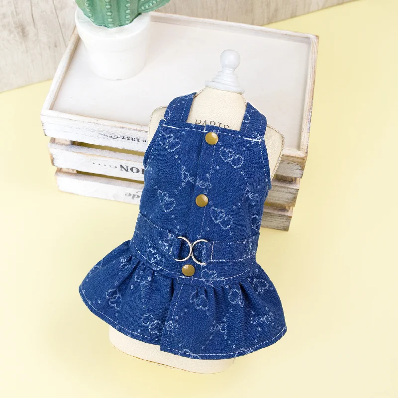 Summer Dog Dress Couples Outfit  Puppy Clothes Sweet Dog Cat Clothing Pet Dress Cartoon Embroidered Dog Print Skirt Cowboy Jeans