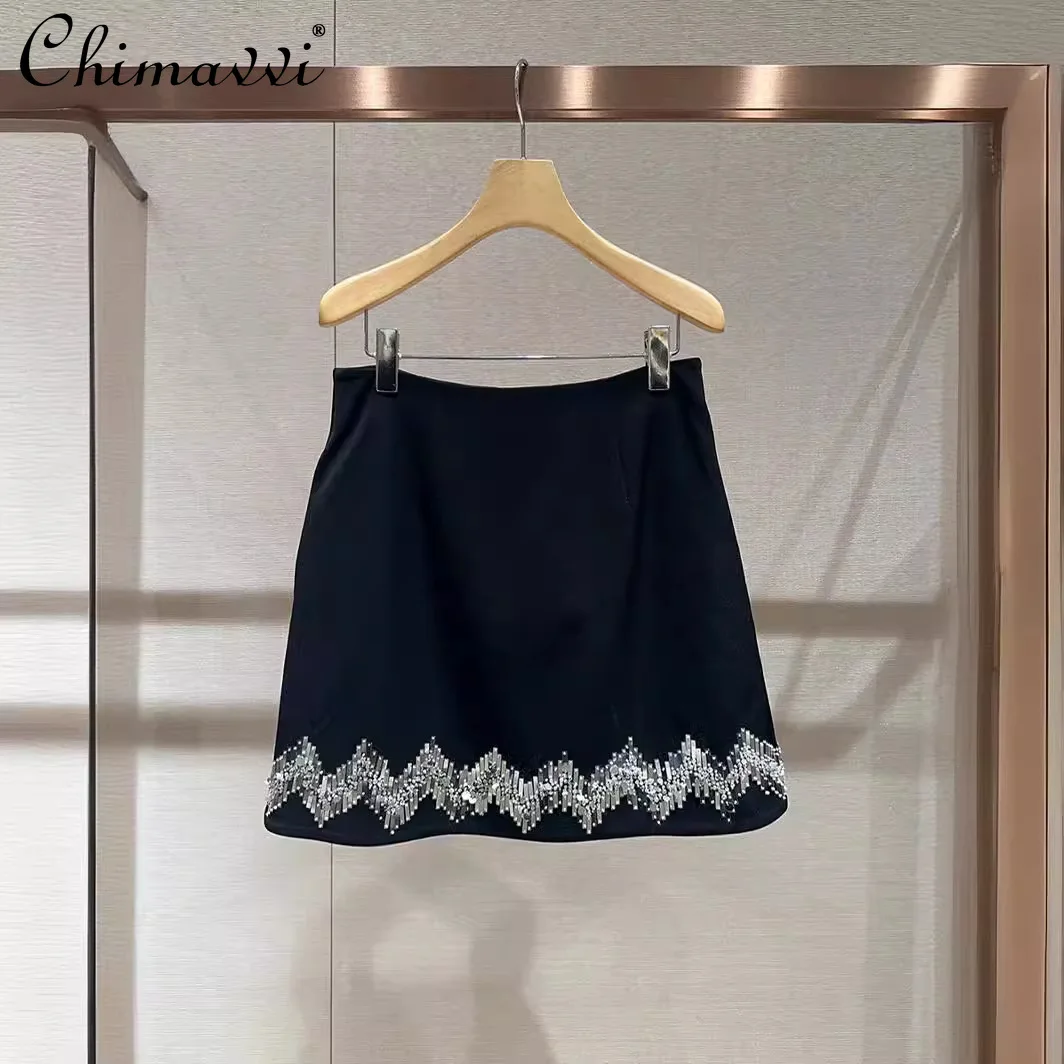 2024 Summer Socialite Temperament High Waist Black Skirt Handmade Beaded Sequins Fashion All-Match A-Line Short Skirts for Women