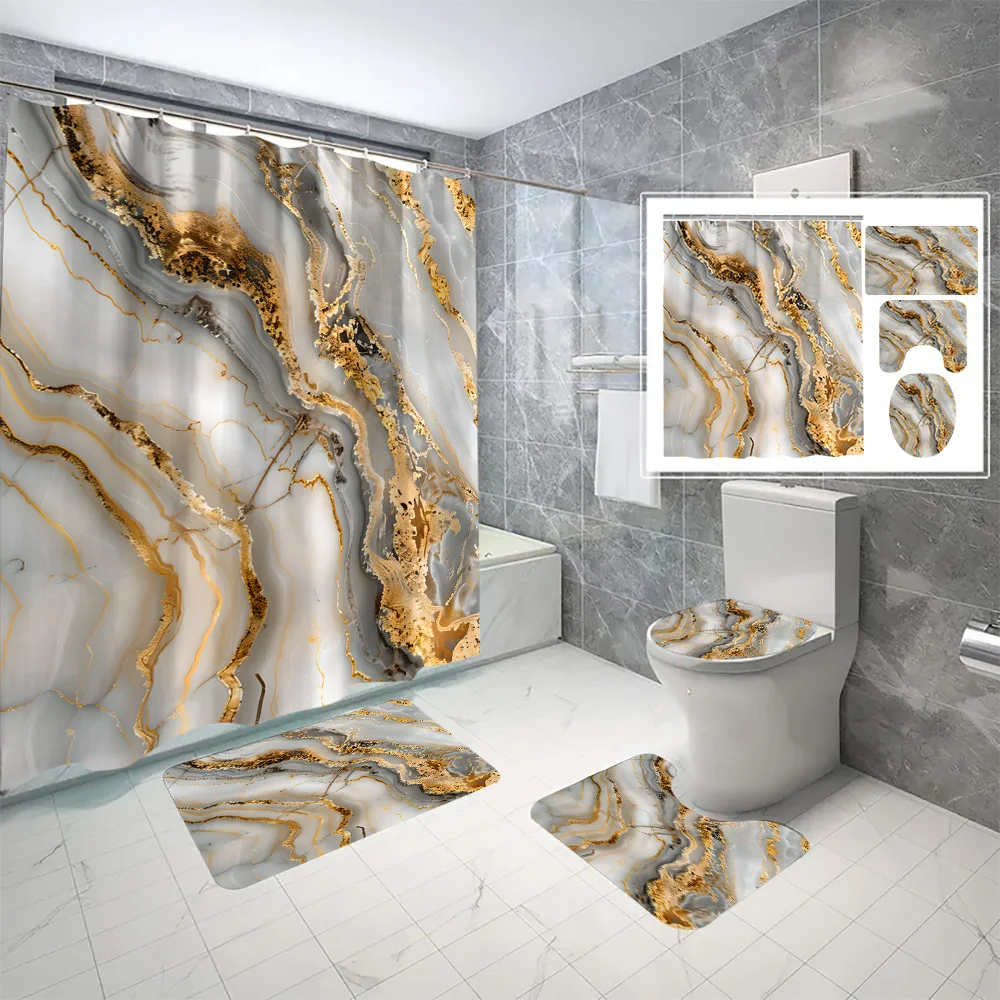 

Открытый комплект из полиэстера с золотой текстурой и цифровым принтом без отверстий для ванной комнаты