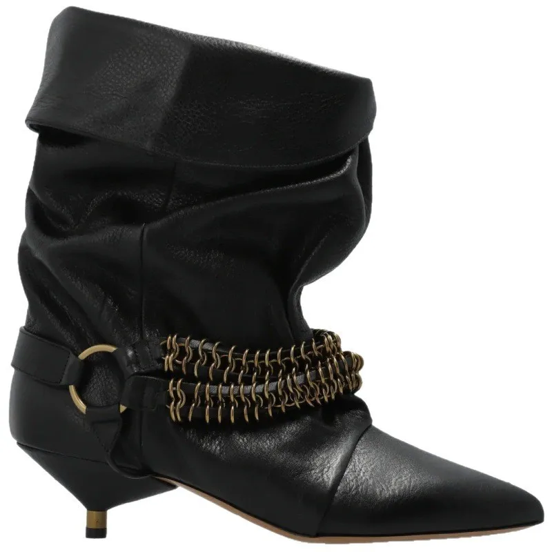 

Женские модные ковбойские сапоги в стиле ретро с металлической цепочкой из воловьей кожи и острыми ковбойскими сапогами в стиле вестерн, женские ботильоны