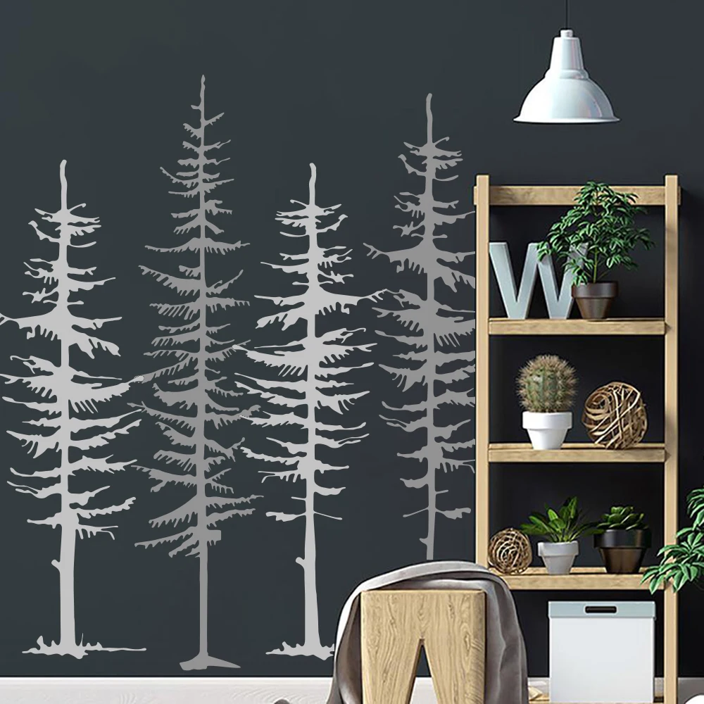 4Pcs Pine Trees Wall Sticker Living Room Bedroom Jungle Forest Tree Safari Wall Decal Playroom Vinyl Home Decor