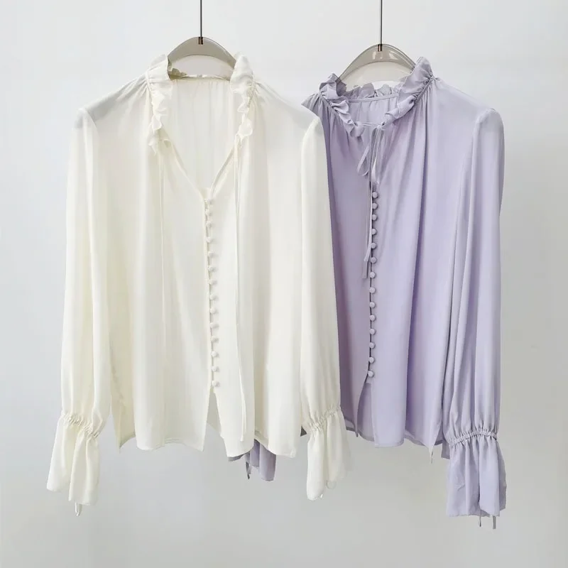 New French Court Style Ruffled Lace Collar Pullover Long-sleeved Sand-washed Silk Mulberry Purple Tops Women Shirt