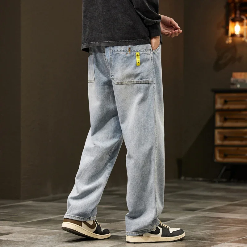 Jeans Men Baggy Pants Wide Leg Spring Straight Loose Fit Blue Green Denim Pants Streetwear Fashion Pockets Vintage Man Clothes