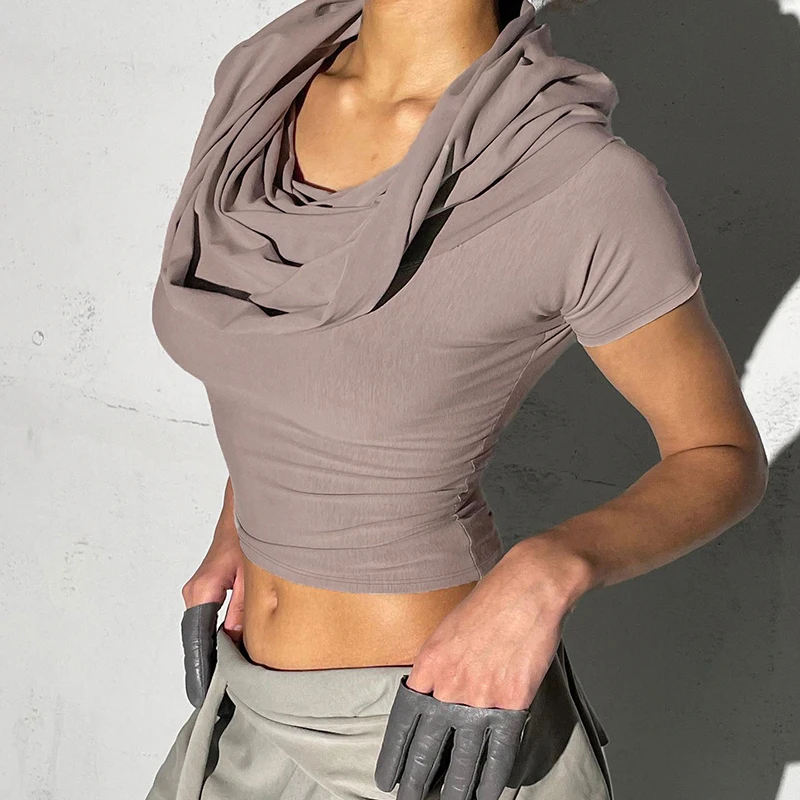 BIIKPIIK Hooded Slash Neck Solid Crop Tops For Women Casual Half Sleeve T-shirts Concise Basic Female Tees Grunge Trend Outfits